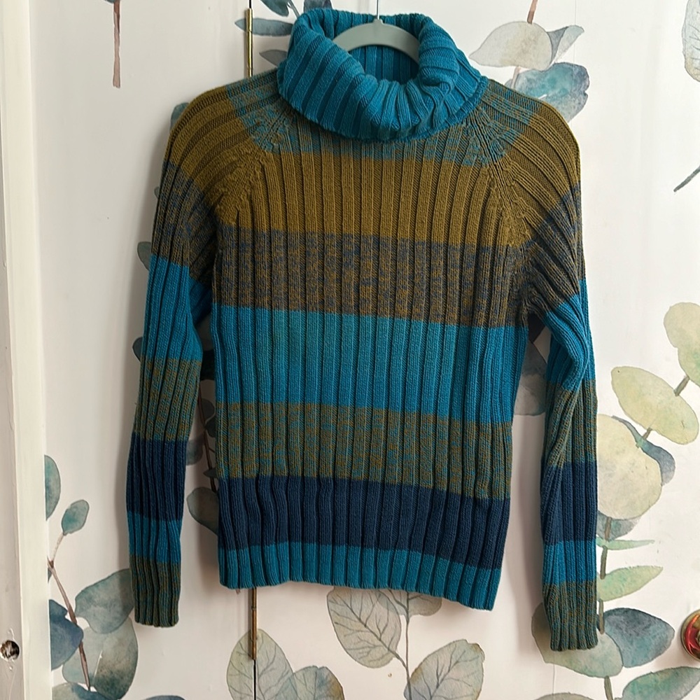 Vintage Blue and Green Striped Turtleneck Sweater - St. John's Bay - Size Medium